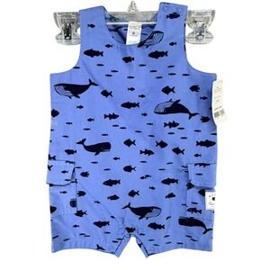 Carters Mommys First Mate Romper Infant Boy 6mo Blue Navy Whale Fish Preppy Baby